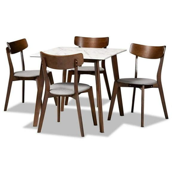 Bowery Hill Brown Wood 5-Piece Dining Set with Faux Marble Dining Table