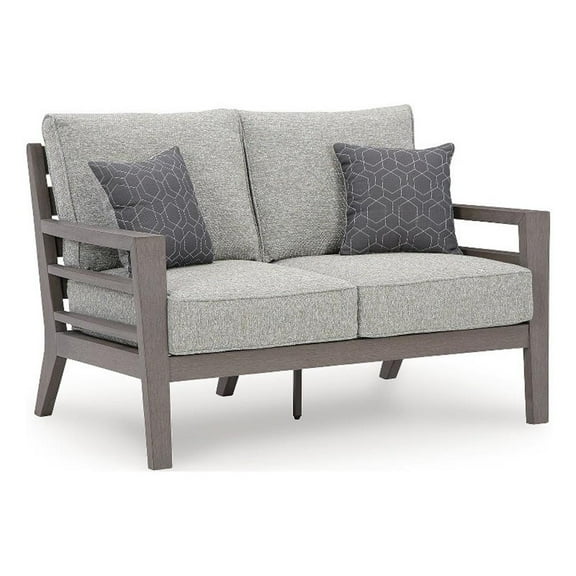 Bowery Hill Coastal Gray & Brown Plastic Outdoor Loveseat with Cushion
