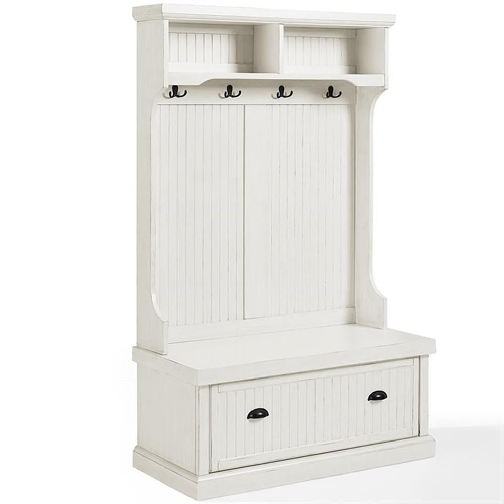 White Coastal Traditional Hall Tree with Storage and Hooks