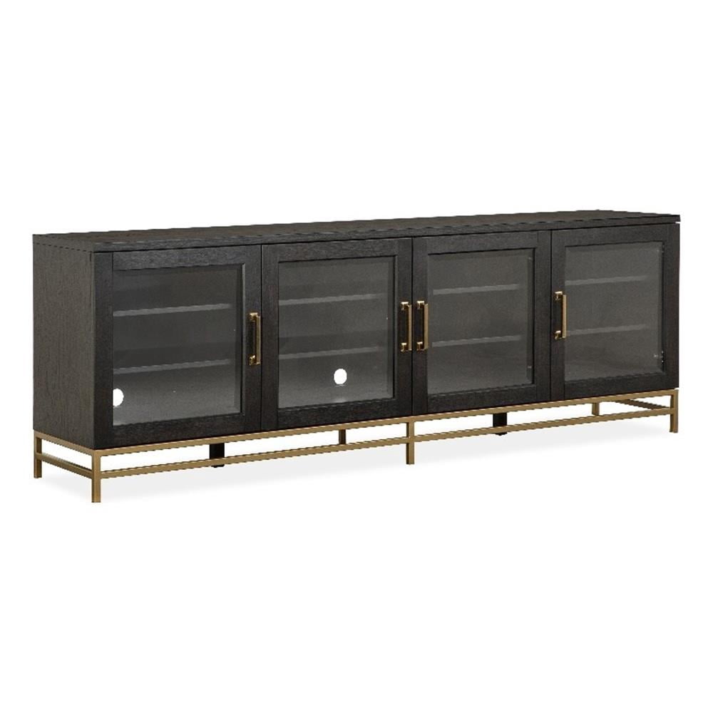Bowery Hill Coffee Bean Large Console With Glass Doors and Metal Base ...