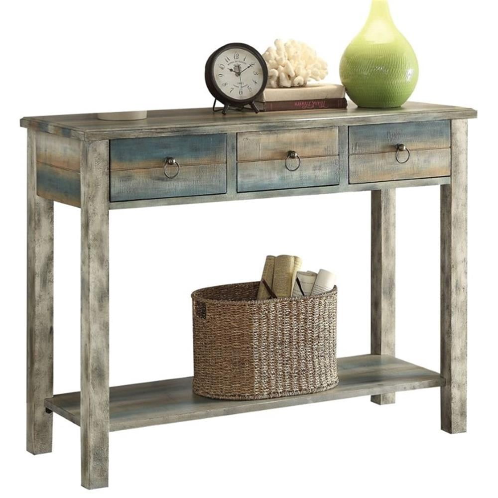 Bowery Hill Console Wood Table in Antique White Gray and Teal Gray