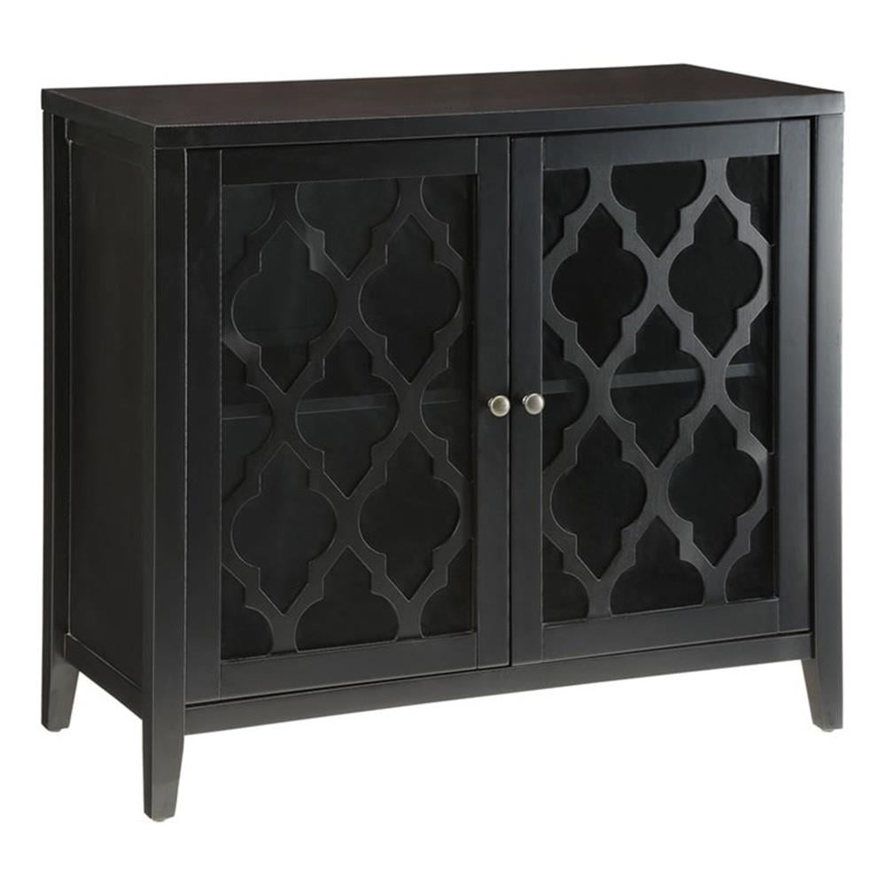 Black MDF Wood and Glass Freestanding Accent Chest with Fretwork Doors