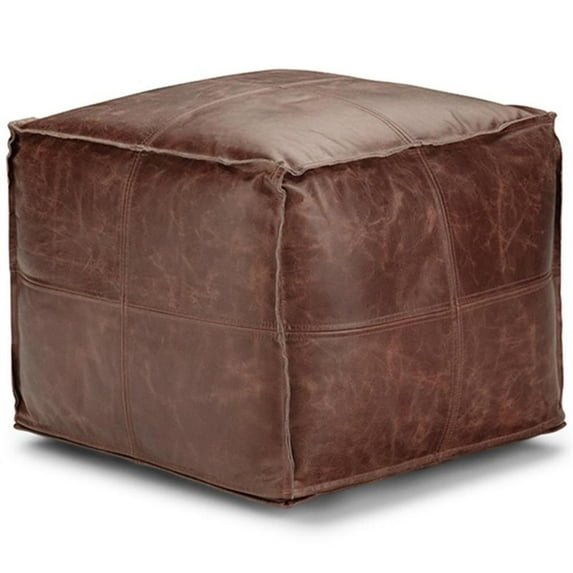 Bowery Hill Contemporary Boho Square Pouf in Brown Genuine Leather