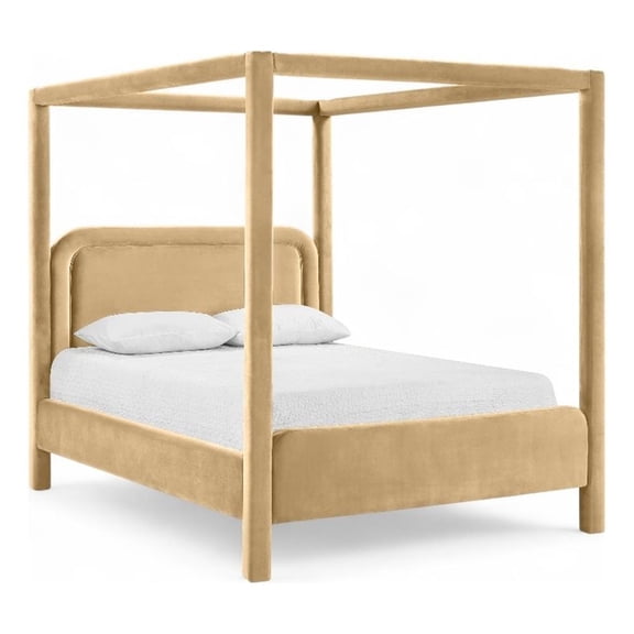 Bowery Hill Contemporary Camel Velvet Upholstered Queen Canopy Bed