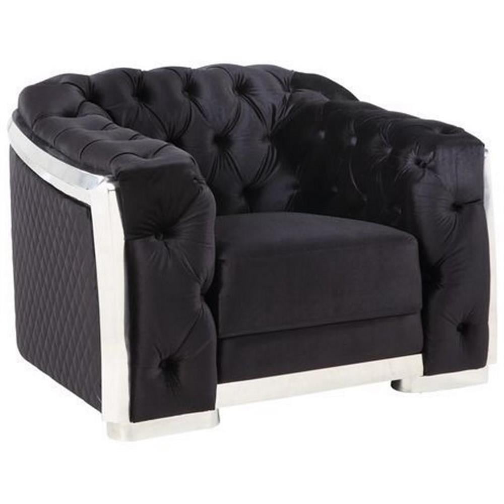 Black Velvet and Chrome Tufted Accent Chair
