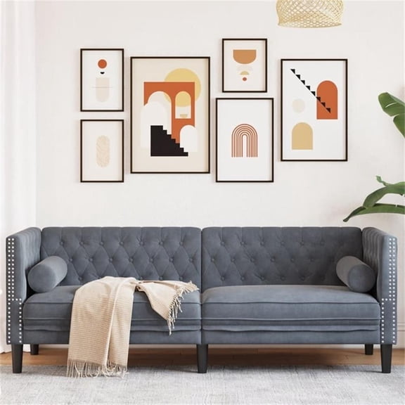 Bowery Hill Contemporary Chesterfield Sofa in Dark Gray Velvet