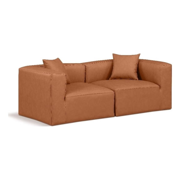 Bowery Hill Contemporary Cognac Vegan Leather 2-Piece Modular Sofa