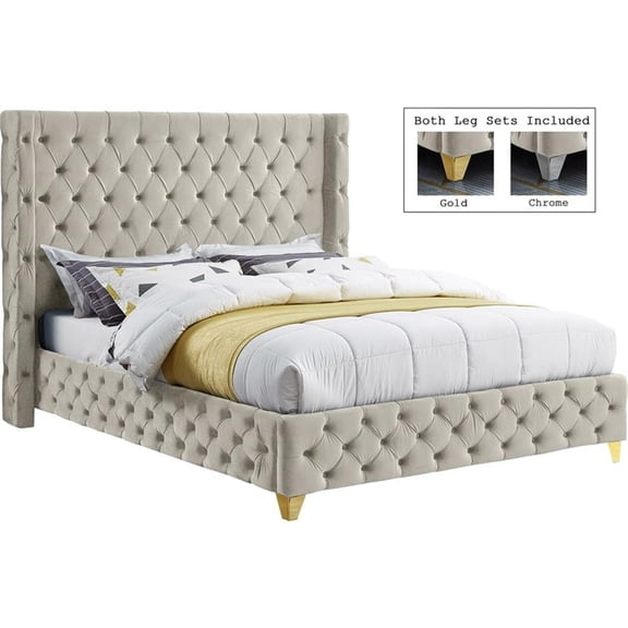 Bowery Hill Contemporary Deep Button Tufted Rich Cream Velvet Queen Bed