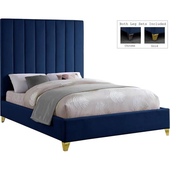 Bowery Hill Contemporary Deep Channel Tufted Rich Velvet Full Bed in Navy
