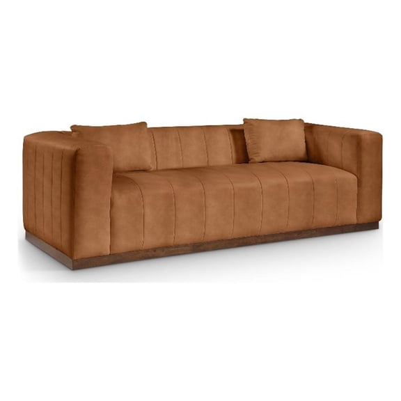 Bowery Hill Contemporary Deep Channel Tufted Soft Cognac Vegan Leather Sofa