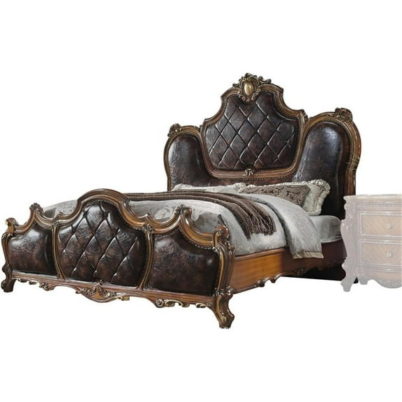 Bowery Hill Contemporary Eastern King Bed in Faux Leather& Honey Oak