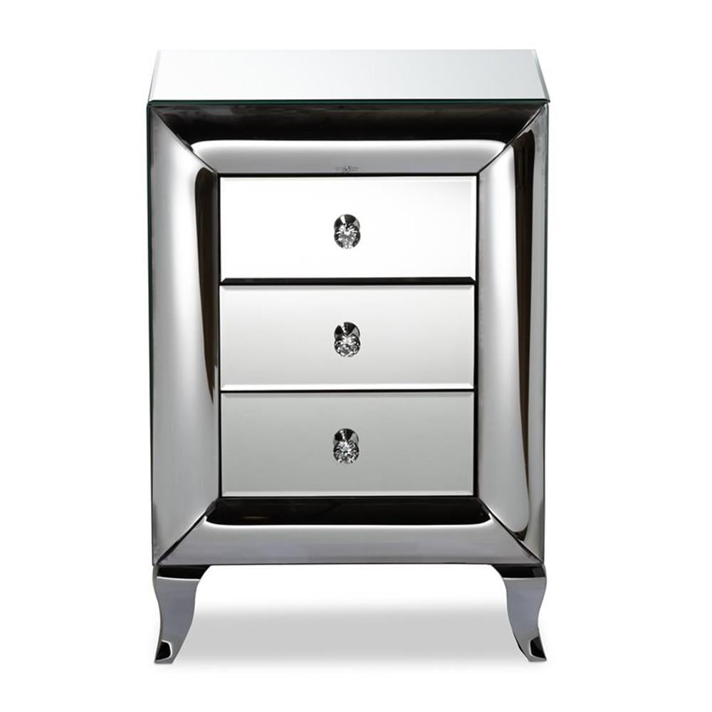 Pauline Mirrored 3-Drawer Glam Nightstand with Crystal Knobs
