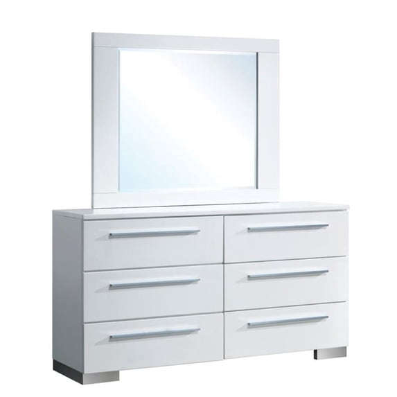 Bowery Hill Contemporary Glossy White Wood 6-Drawer Dresser and Mirror