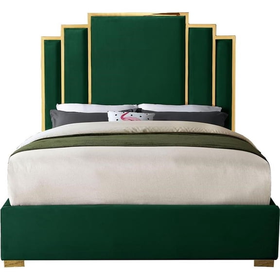 Bowery Hill Contemporary Green Velvet King Bed with Polished Gold Metal Frame