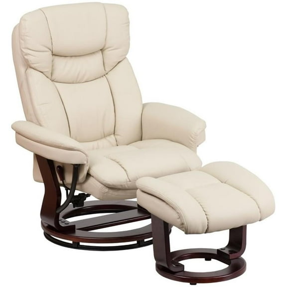 Bowery Hill Contemporary Leather Swivel Recliner and Ottoman in Beige