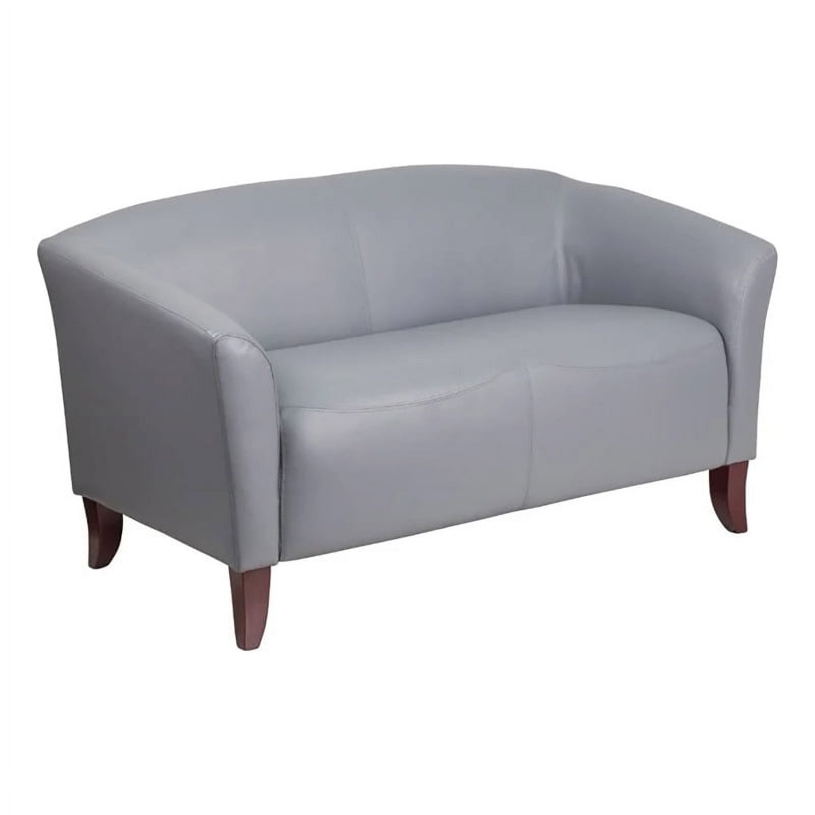 Modern Gray Faux Leather Loveseat with Cherry Wood Feet
