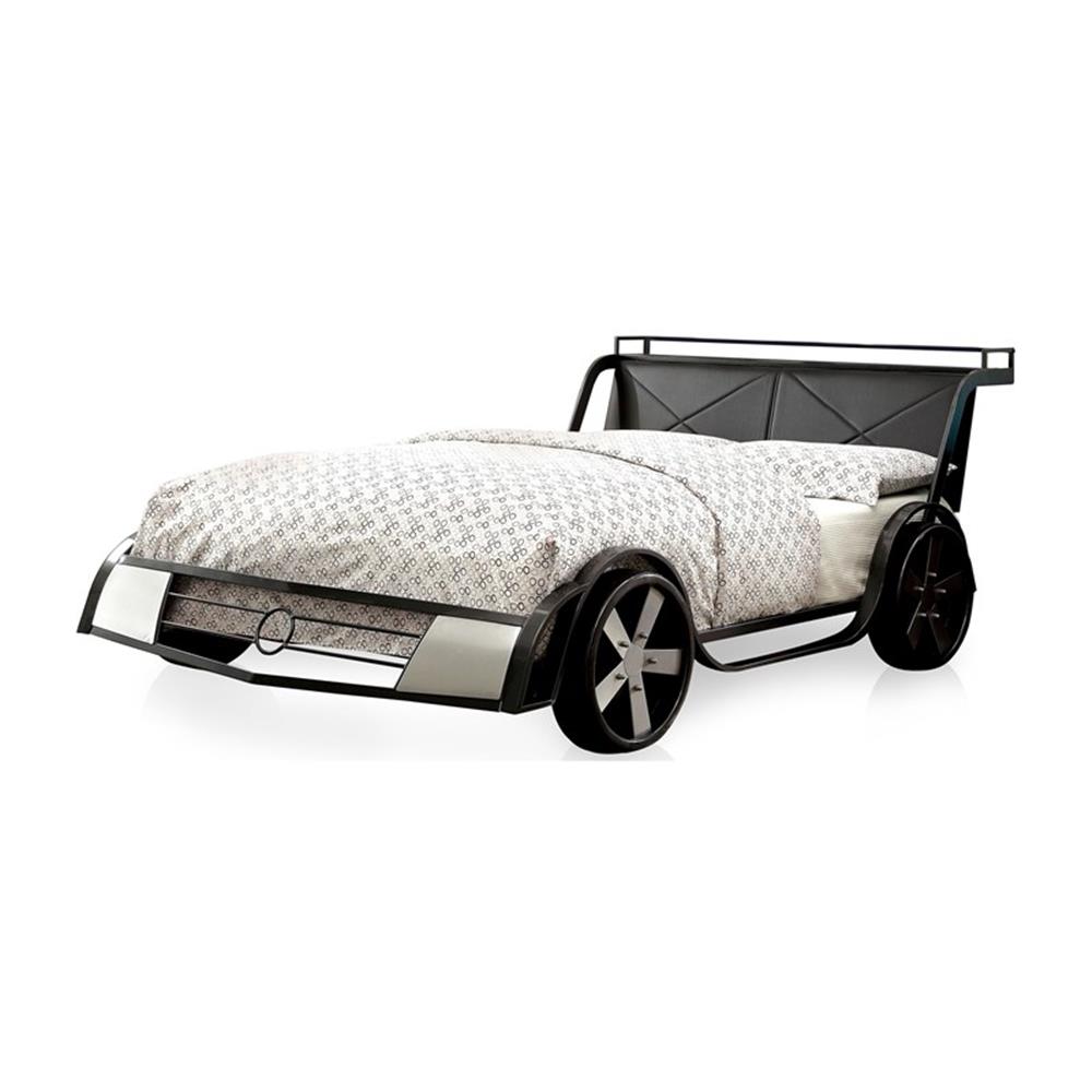 Bowery Hill Contemporary Metal Full Racecar Bed in Silver/Gun Metal