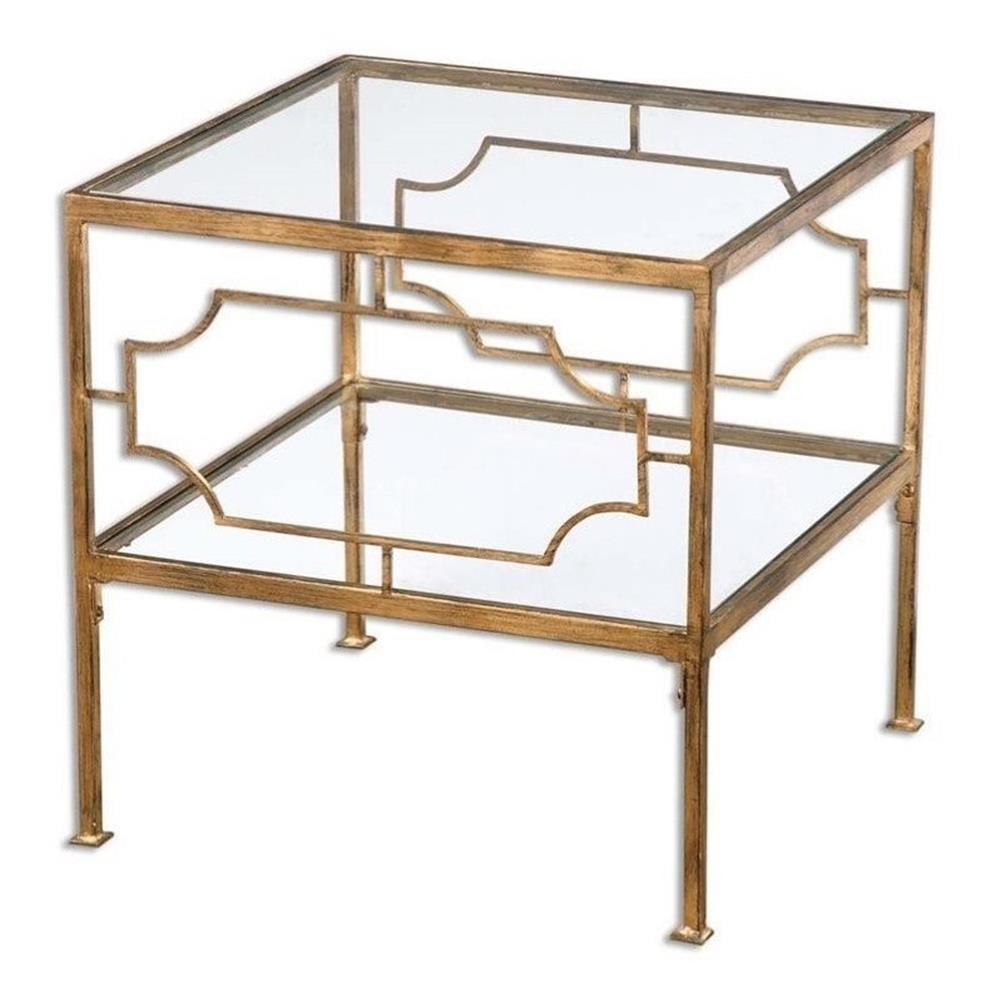 Antique Gold Leaf Square Metal and Glass End Table