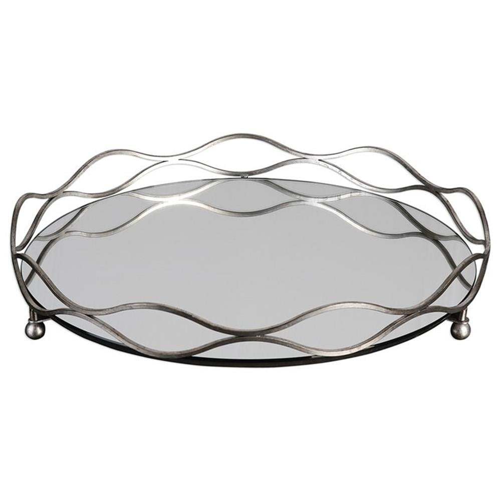 Silver Round Mirrored Decorative Tray with Wavy Metal Rims