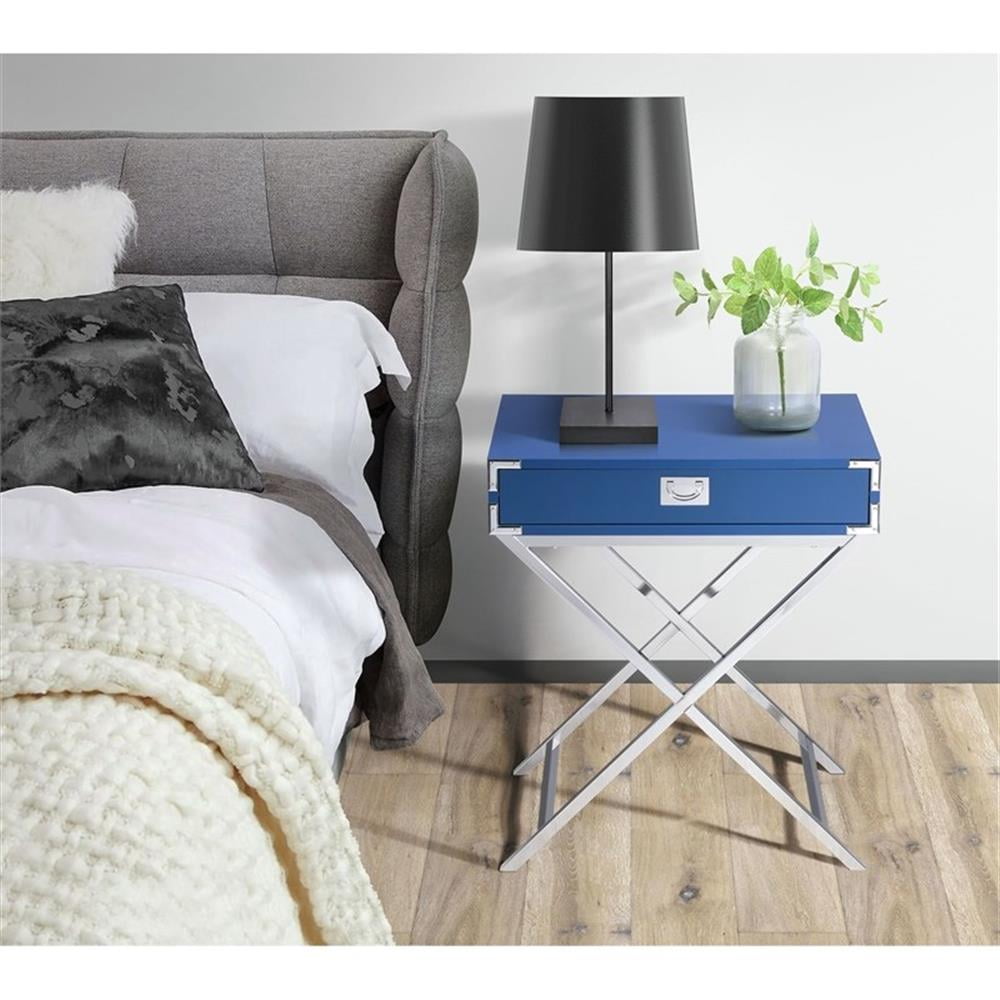 Glossy Blue 1-Drawer Nightstand with Silver Metal Legs