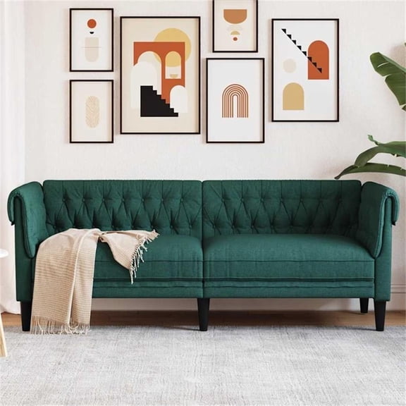 Bowery Hill Contemporary Polyester Chesterfield Sofa in Dark Green