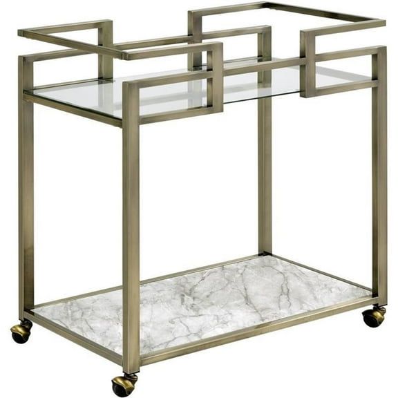 Bowery Hill Contemporary Serving Cart in Faux Marble & Wire Brass Finish