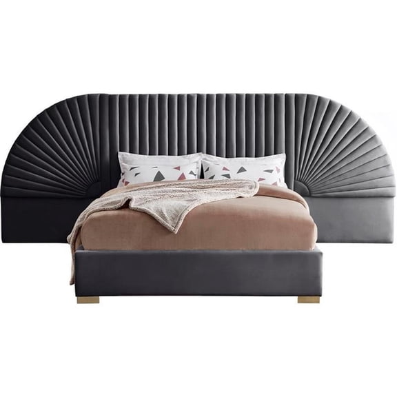 Bowery Hill Contemporary Soft Gray Durable Velvet Queen Bed with Gold Steel Legs
