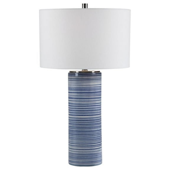 Bowery Hill Contemporary Striped Table Lamp in White and Indigo