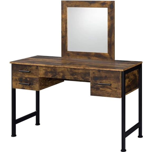 Bowery Hill Contemporary Vanity Desk & Mirror in Rustic Oak & Black Finish
