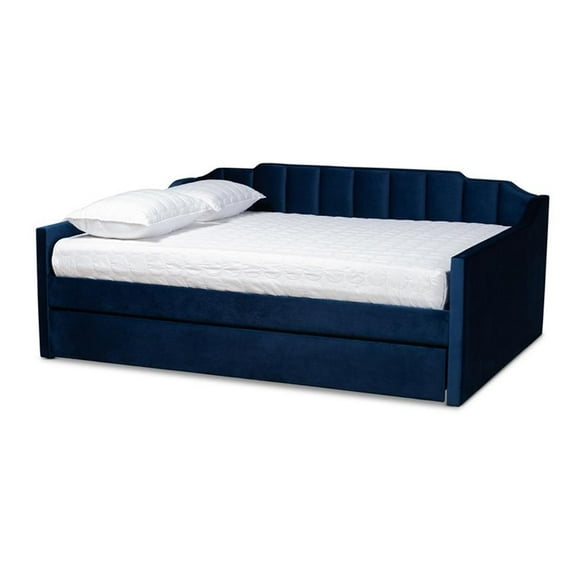 Bowery Hill Contemporary Velvet Queen Size Daybed with Trundle in Blue
