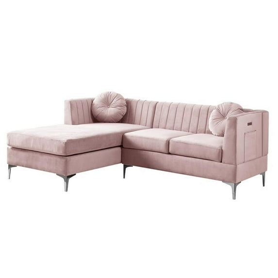 Bowery Hill Contemporary Velvet Sectional Sofa Chaise with Charging Port in Pink