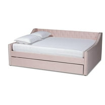 Bowery Hill Contemporary Velvet Upholstered Full Size Daybed w/ Trundle in Pink