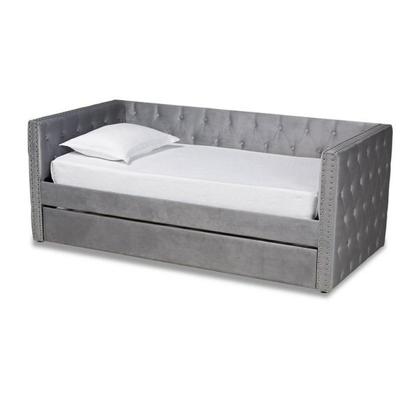 Bowery Hill Contemporary Velvet Upholstered Twin Size Daybed w/ Trundle in Gray