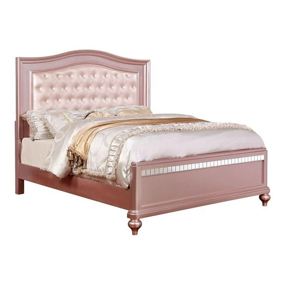 Bowery Hill Contemporary Wood Queen Panel Bed with Faux Leather in Rose Gold