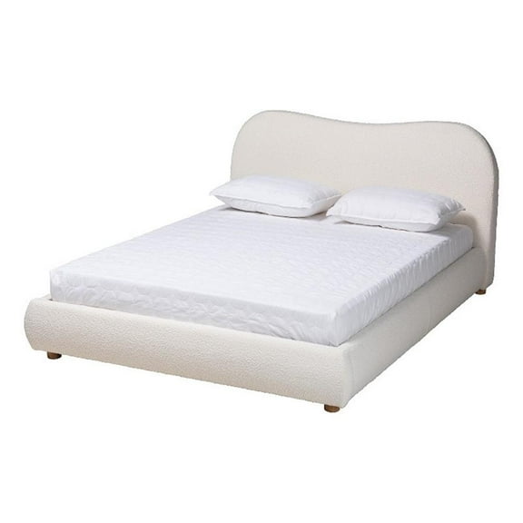 Bowery Hill Cream Boucle Fabric and Brown Wood Queen Size Platform Bed