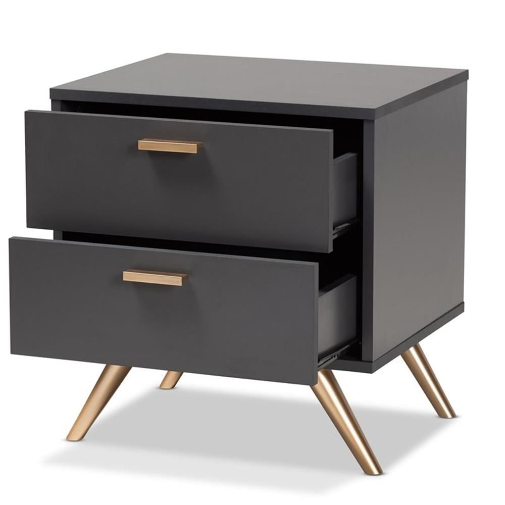 Kelson Dark Gray and Gold Wood 2-Drawer Nightstand