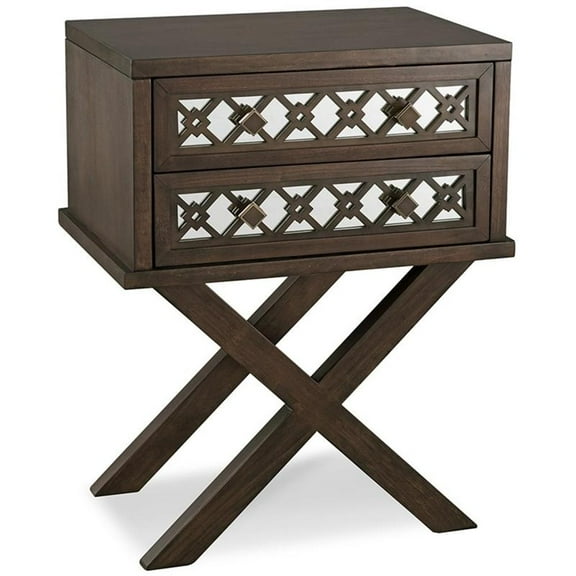 Bowery Hill Diamond Mirrored 2-Drawers Accent End Table in Walnut