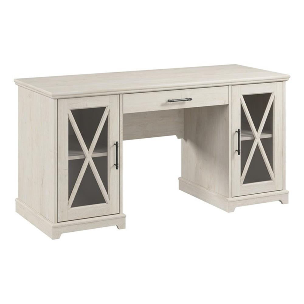 Linen White Oak 60" Farmhouse Desk with Keyboard Tray and Storage
