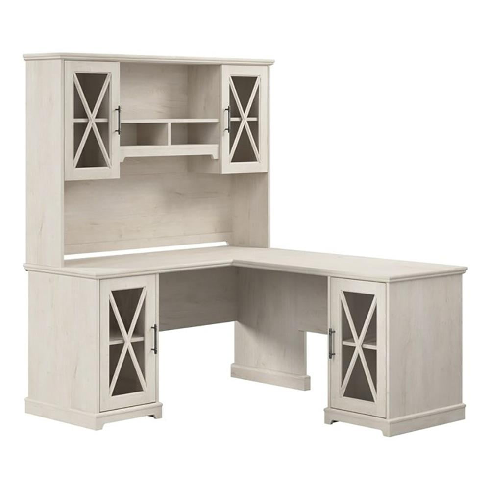Linen White Oak Farmhouse Desk with Hutch and Storage Cabinet