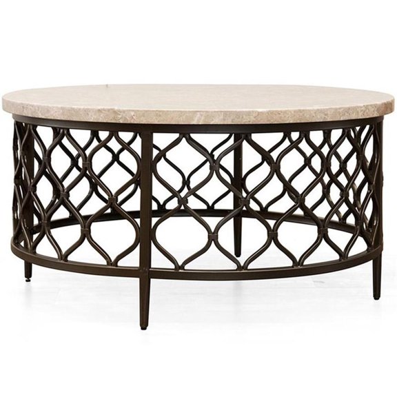 Bowery Hill Espresso White Stone Top with Bronze Metal Base Coffee Table