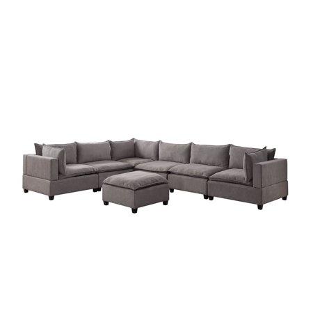Bowery Hill Fabric 7 Piece Modular Sectional with Ottoman in Light Gray