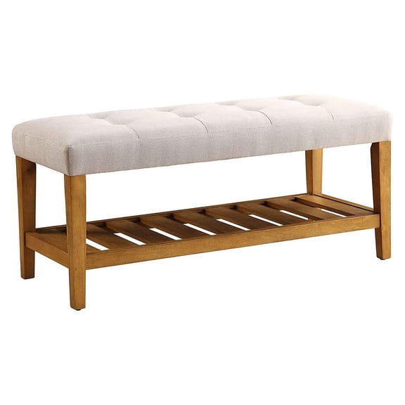 Bowery Hill Fabric Upholstered Bench with Bottom Shelf in Light Gray and Oak