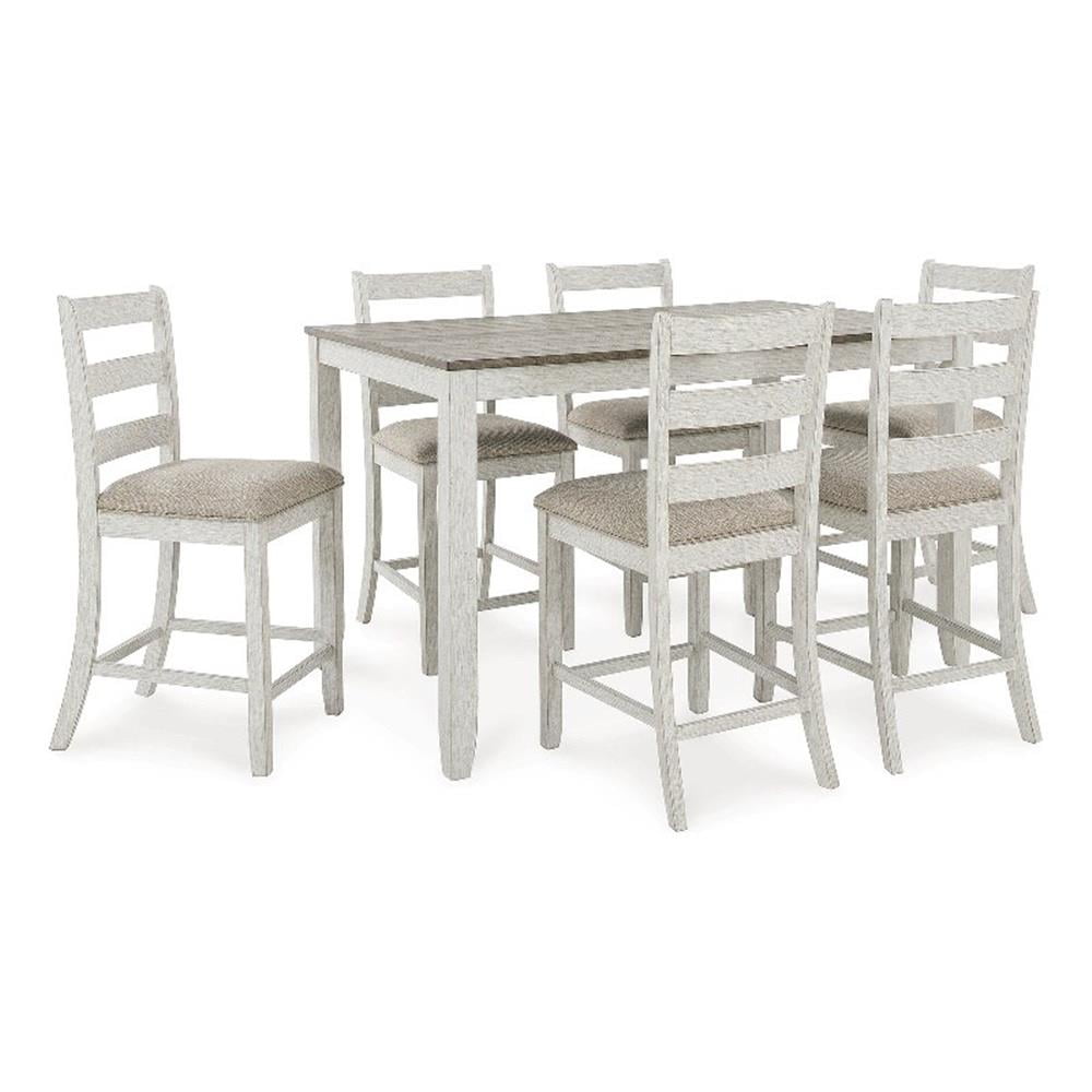 Bowery Hill 7-Piece Farmhouse Dining Set - Chestnut & Vintage White Table, 6 Gray Fabric Chairs, Asian Hardwood & MDF