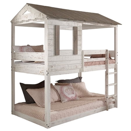 Bowery Hill Farmhouse Wood Twin over Twin Bunk Bed in Rustic White