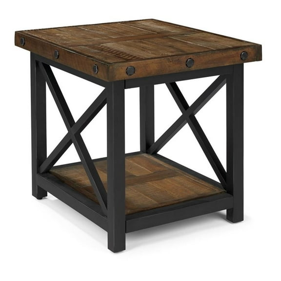Bowery Hill Farmhouse Wooden Carpenter End Table in Brown Finish