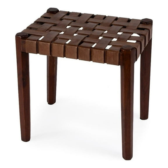 Bowery Hill Farmhouse Wooden Leather Woven Stool in Brown Finish