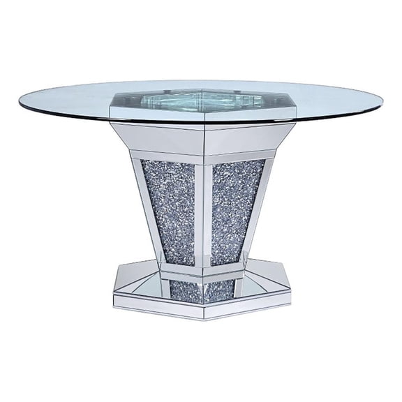 Bowery Hill Faux Crystal and Mirror Dining Table with Pedestal in Silver