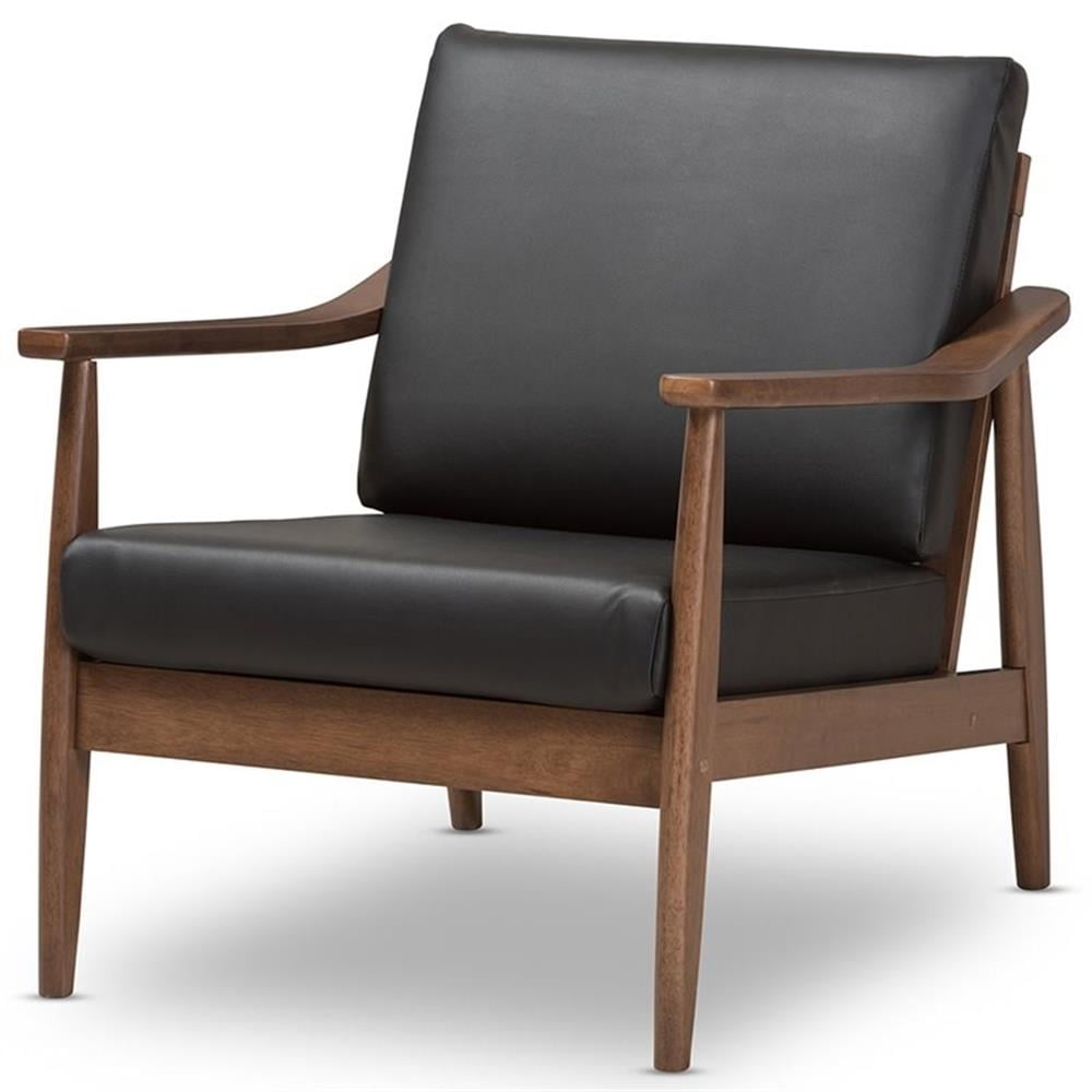 Venza Mid-Century Modern Lounge Chair in Black Faux Leather & Walnut