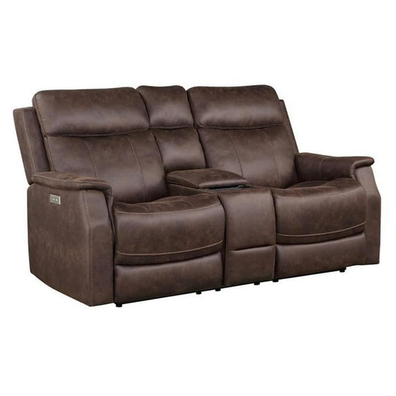 Bowery Hill Faux Leather Dual Power Reclining Console Loveseat in Mahogany