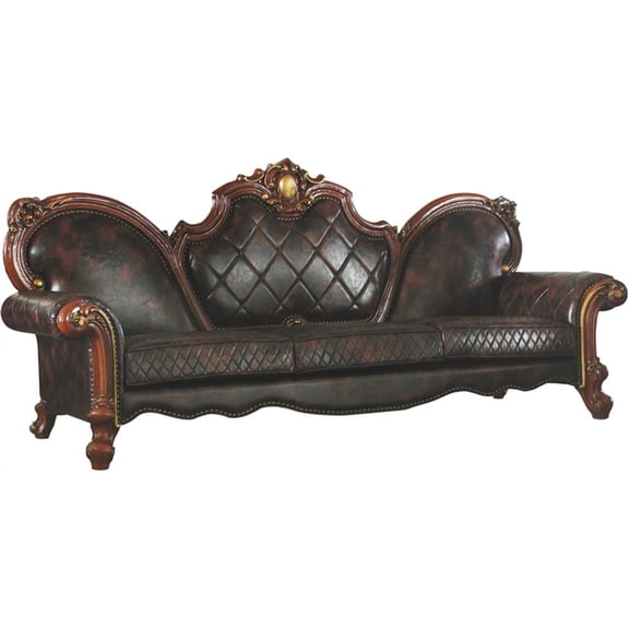 Bowery Hill Faux Leather Upholstered Sofa with 5 Pillows in Vintage Cherry Oak